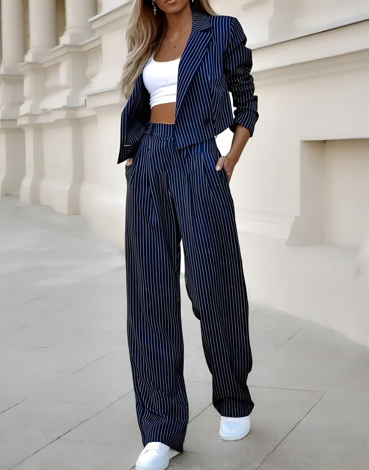 Fashion Striped Suit – Casual Lapel Cropped Top & Straight Pants Set for Women