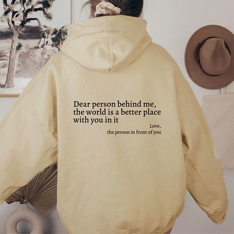 "Dear Person Behind Me" Letter Printed Plush Hoodie | Trendy Unisex Kangaroo Pocket Hoodie