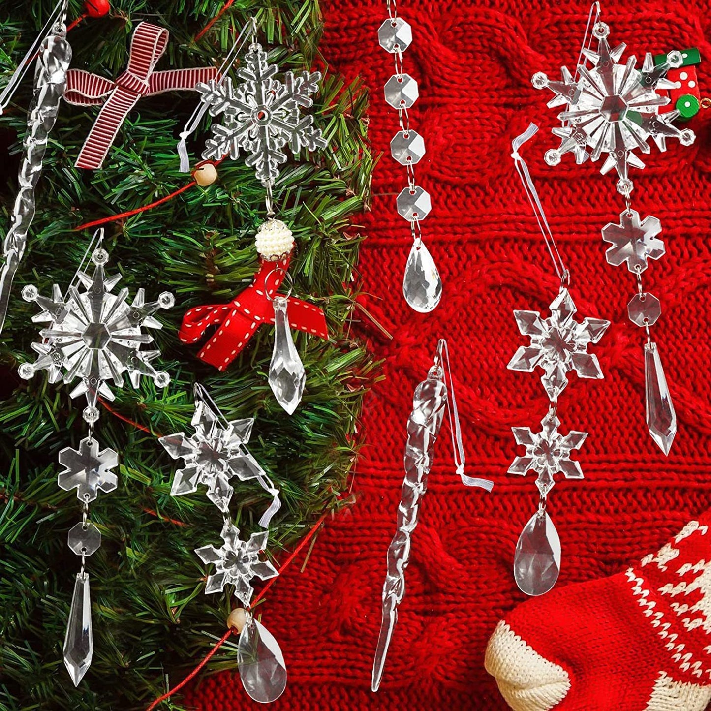 Acrylic Snowflake & Icicle Christmas Tree Ornaments – Set of 10 Elegant Hanging Pendants