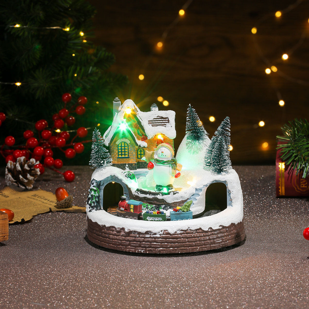 Rotating Christmas Village Music Box – LED Lit Resin Ornament with Santa & Snowy Scene