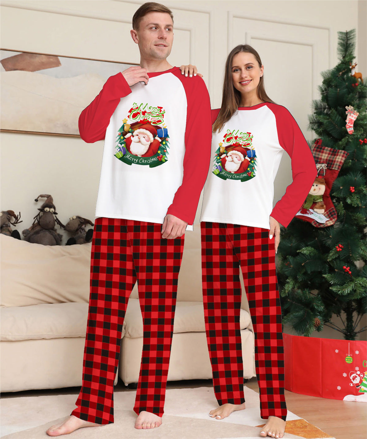 Festive Family Matching Pajama Set – Christmas Long Sleeve T-Shirts & Plaid Pants