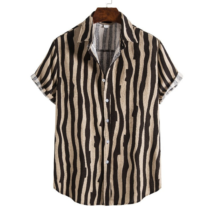 Men’s Casual Loose-Fit Striped Short Sleeve Shirt