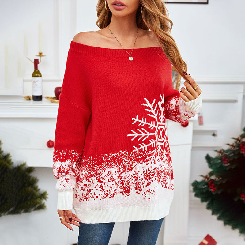 Chic Snowflake Off-Shoulder Christmas Sweater – Embrace Cozy Elegance!