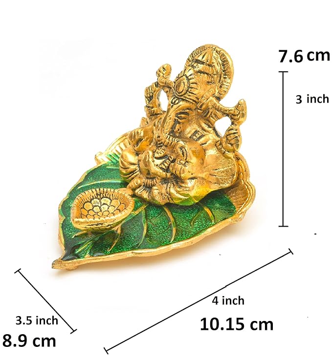 Elite Brass Metal Ganesh Ji Sitting on The Green Leave with Diya Deepak , Golden Decorative Showpiece - 9 cm  (Brass, Gold)