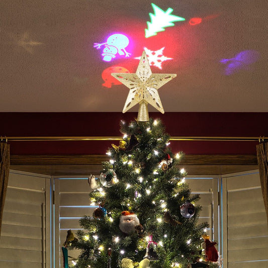 Glittering LED Christmas Tree Topper Star with Snowflake Projector – Magical Holiday Light Display