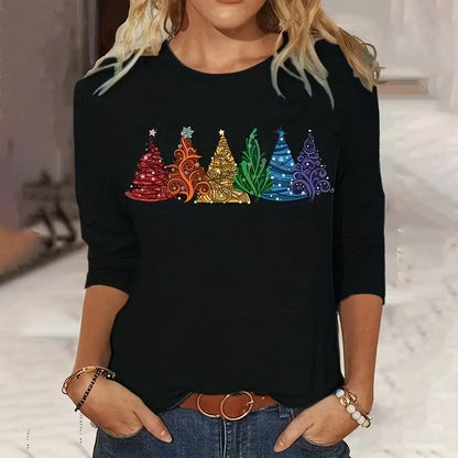 Festive Elegance: Women’s Christmas Tree Printed Long-Sleeve T-Shirt