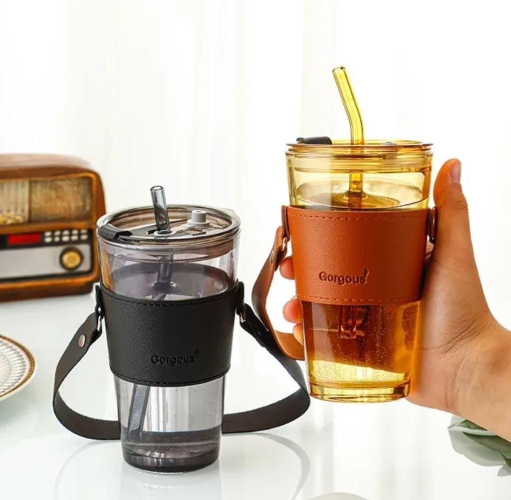 Elegant Glass Tumbler with Reusable Glass Straw & Leather Sleeve – Perfect for On-the-Go