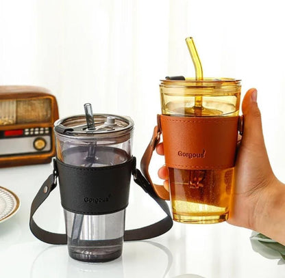 Elegant Glass Tumbler with Reusable Glass Straw & Leather Sleeve – Perfect for On-the-Go