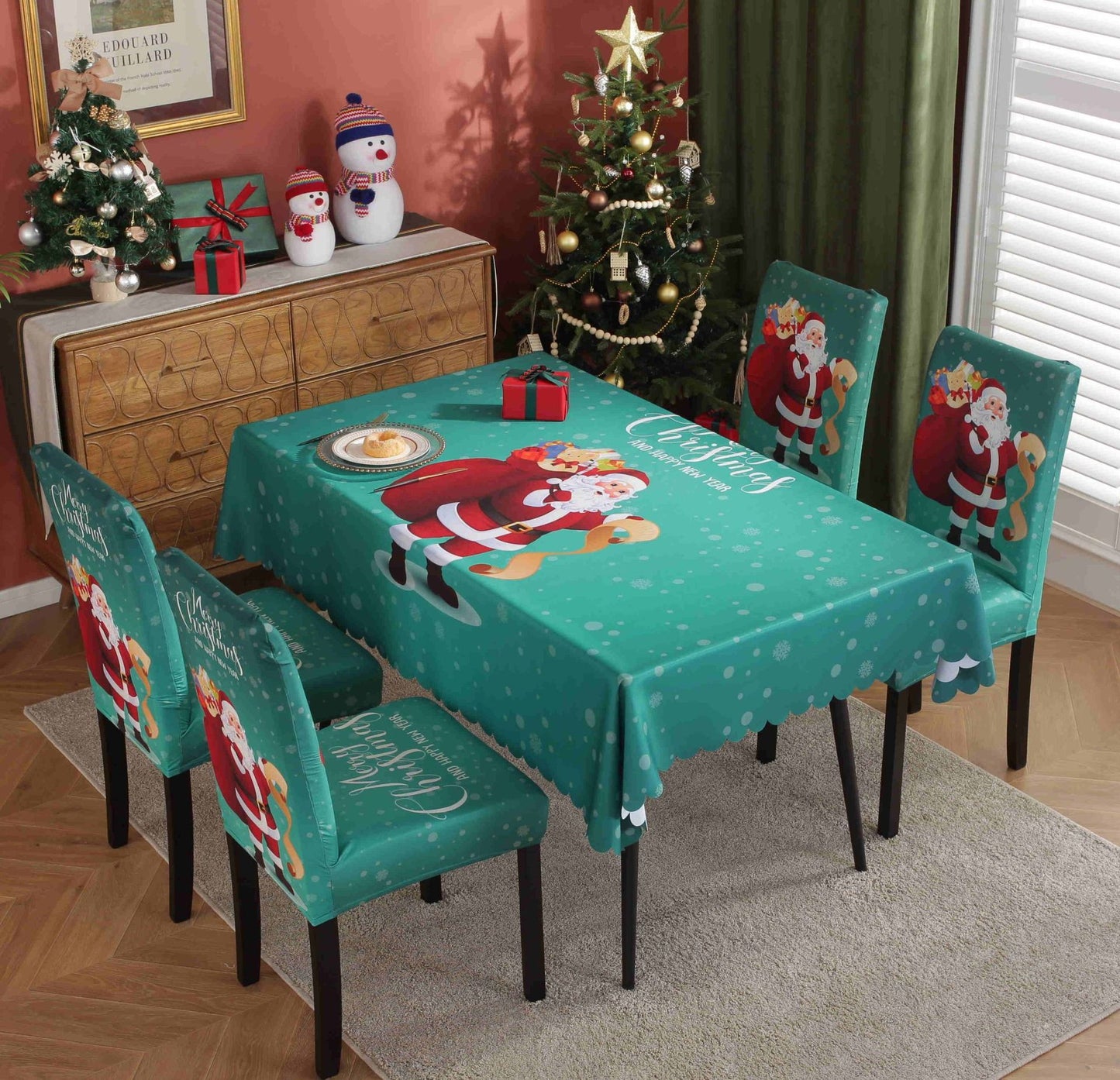 Festive Waterproof & Oil-Proof Christmas Tablecloth Set – Elegant Holiday Dining Decor with Chair Covers