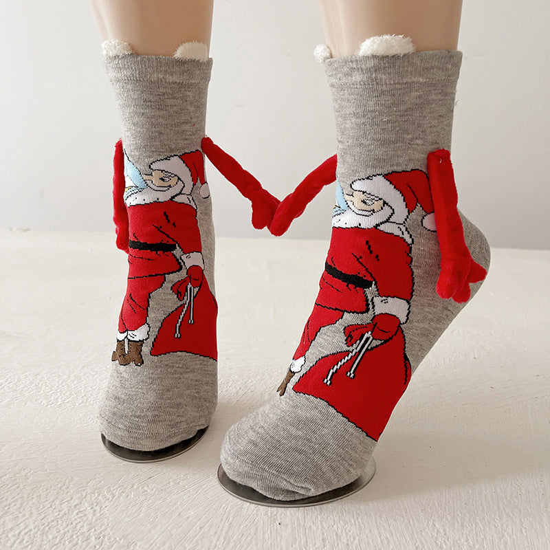 Festive Christmas Magnetic Socks – Santa Claus & Snowman Hand-Holding Socks for Couples