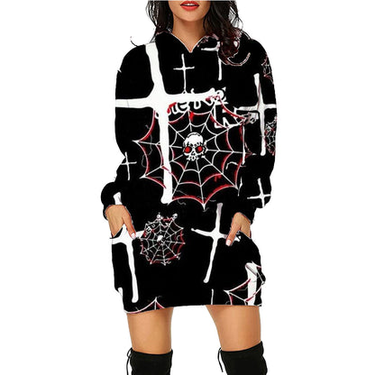 Halloween Print Long Hoodie with Pockets | Cozy Women's Sweater for Spooky Season