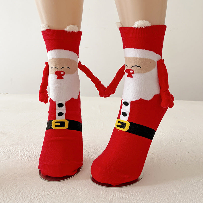 Festive Christmas Magnetic Socks – Santa Claus & Snowman Hand-Holding Socks for Couples