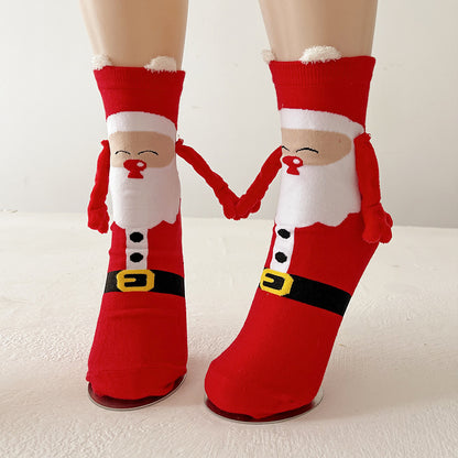 Festive Christmas Magnetic Socks – Santa Claus & Snowman Hand-Holding Socks for Couples