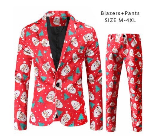 Men's Christmas Suit with 3D Santa Claus Print - Festive Holiday Blazer and Pants Set