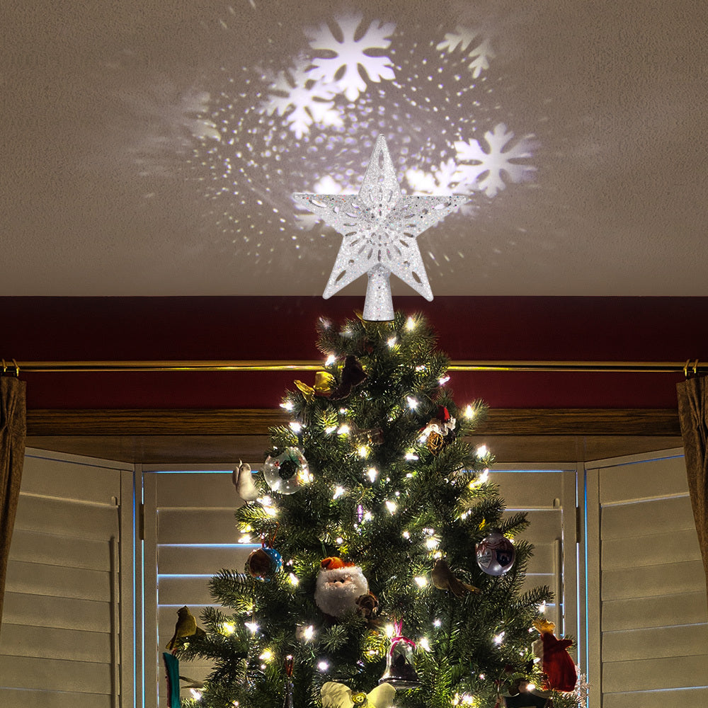 Glittering LED Christmas Tree Topper Star with Snowflake Projector – Magical Holiday Light Display