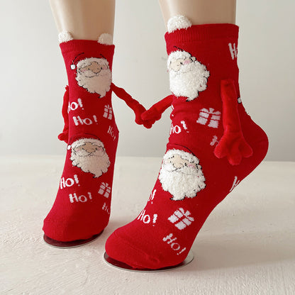 Festive Christmas Magnetic Socks – Santa Claus & Snowman Hand-Holding Socks for Couples