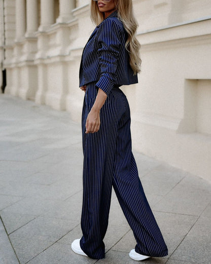 Fashion Striped Suit – Casual Lapel Cropped Top & Straight Pants Set for Women