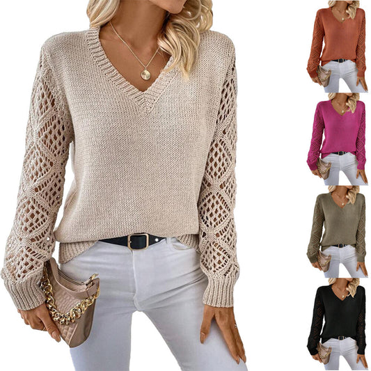 Elegant V-Neck Pullover Sweater – Hollow Long Sleeve Fashion Top for Women