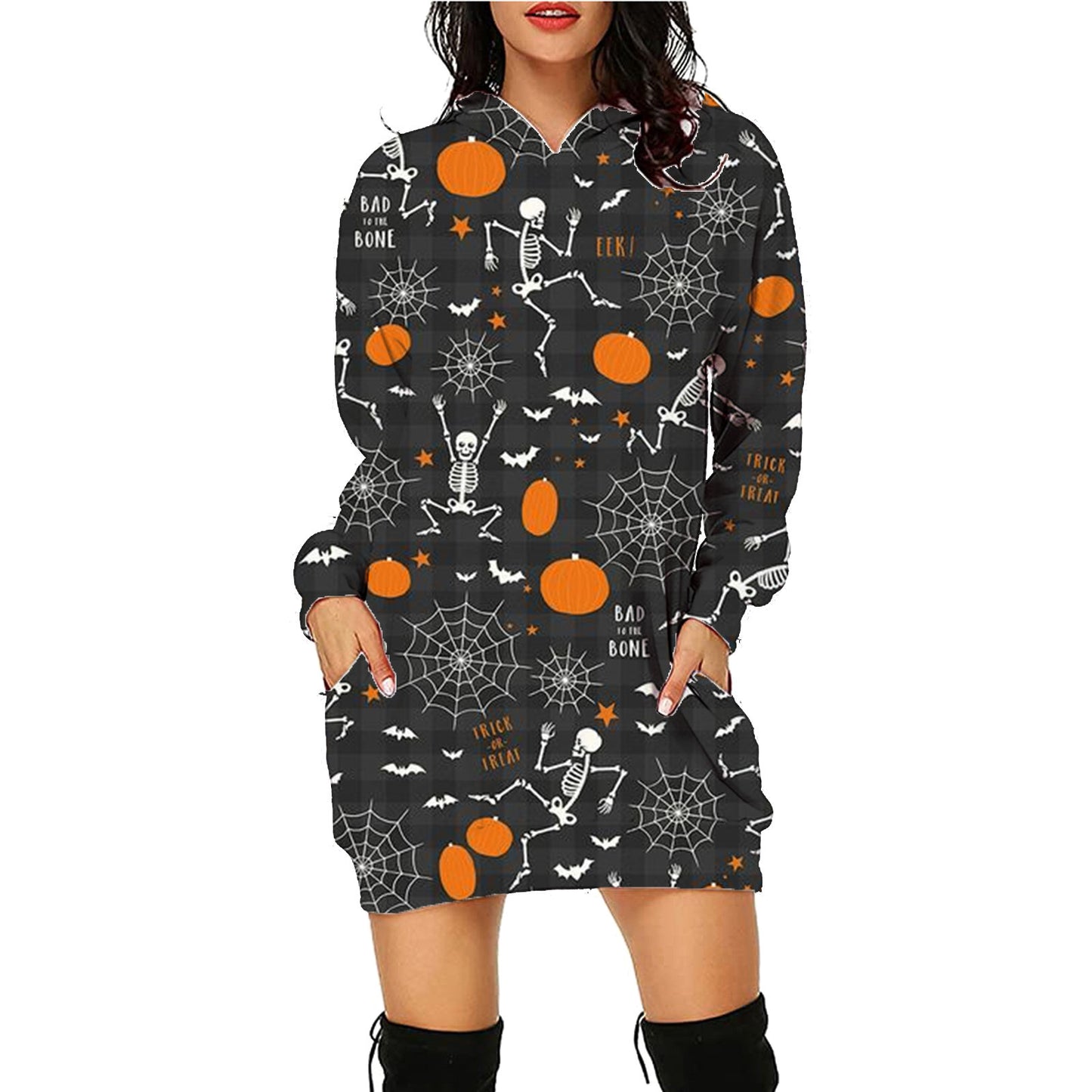 Halloween Print Long Hoodie with Pockets | Cozy Women's Sweater for Spooky Season