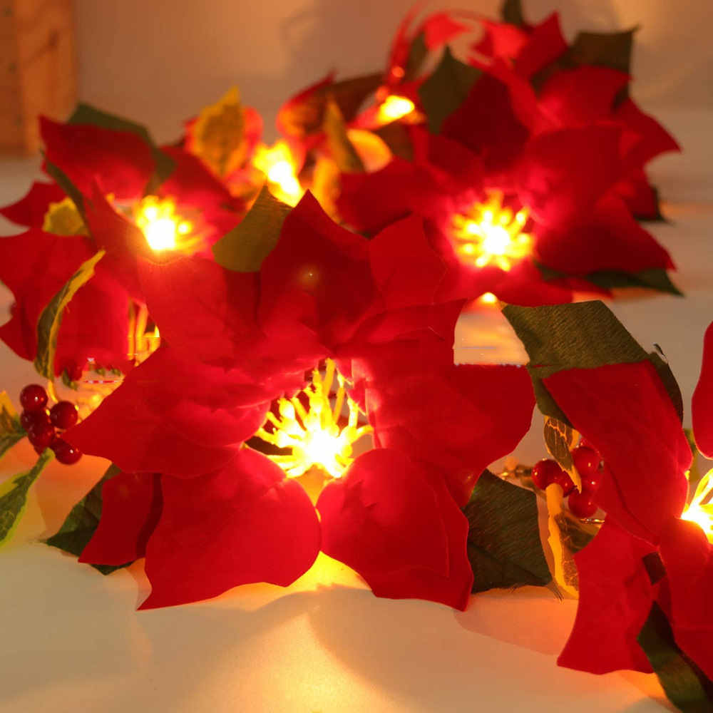 Poinsettia LED String Lights – Festive Red Flower Garland for Christmas Décor!