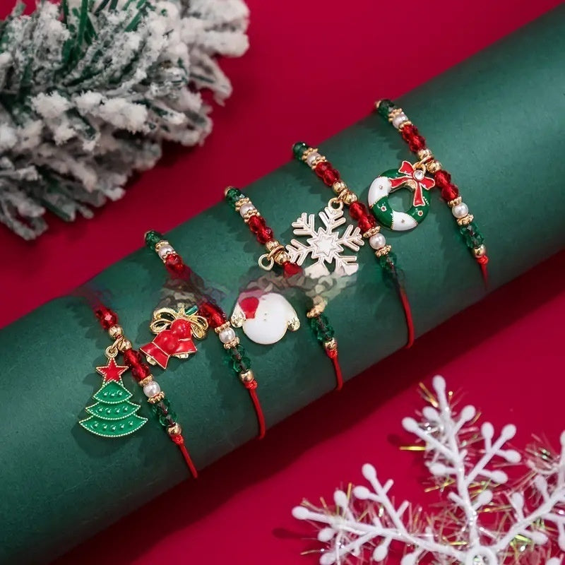 Festive Handmade Christmas Charm Bracelet Set – Beaded Holiday Joy with Snowman & Christmas Tree Charms