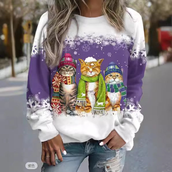 Cross-border Women's Christmas New Snowman And Cat Printed Long Sleeve Casual Loose-fitting T-shirt