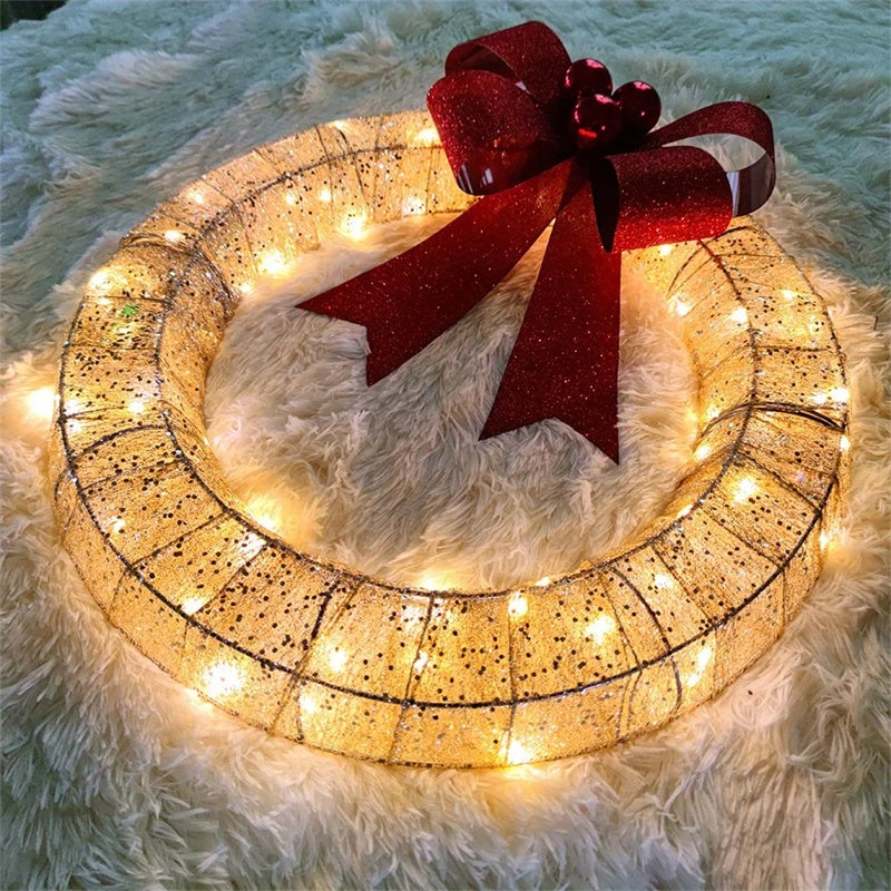 LED Christmas Wreath with Big Bow – Elegant Luminous Holiday Garland for Door Decor! 50CM