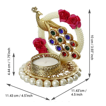 Handcrafted Peacock Tea Light Holder – Elegant Metal Design with Radiant Stones for Festive and Home Decor