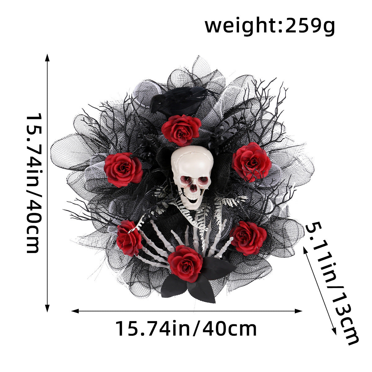 Elegant Halloween Red Rose & Skull Mesh Garland – Spooky-Chic Door Hanging Decoration for a Haunting Welcome