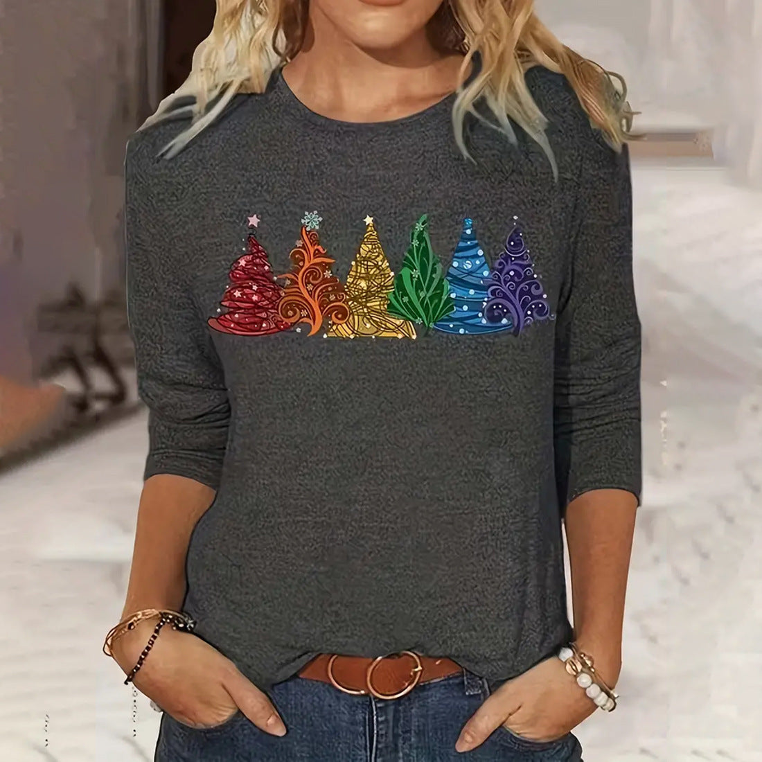 Festive Elegance: Women’s Christmas Tree Printed Long-Sleeve T-Shirt