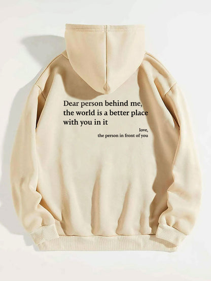 "Dear Person Behind Me" Letter Printed Plush Hoodie | Trendy Unisex Kangaroo Pocket Hoodie