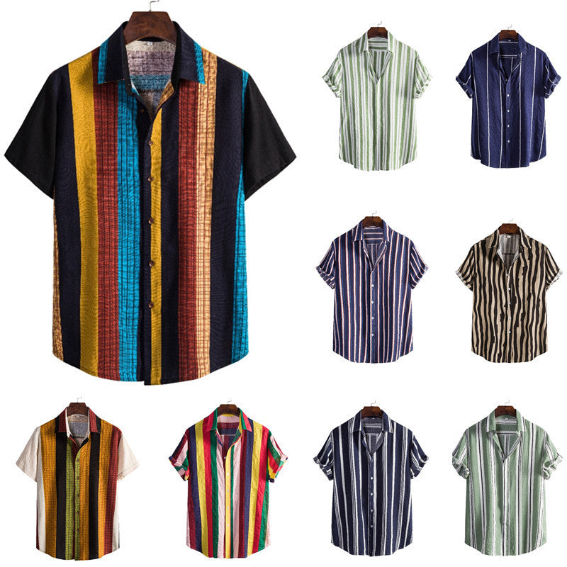 Men’s Casual Loose-Fit Striped Short Sleeve Shirt