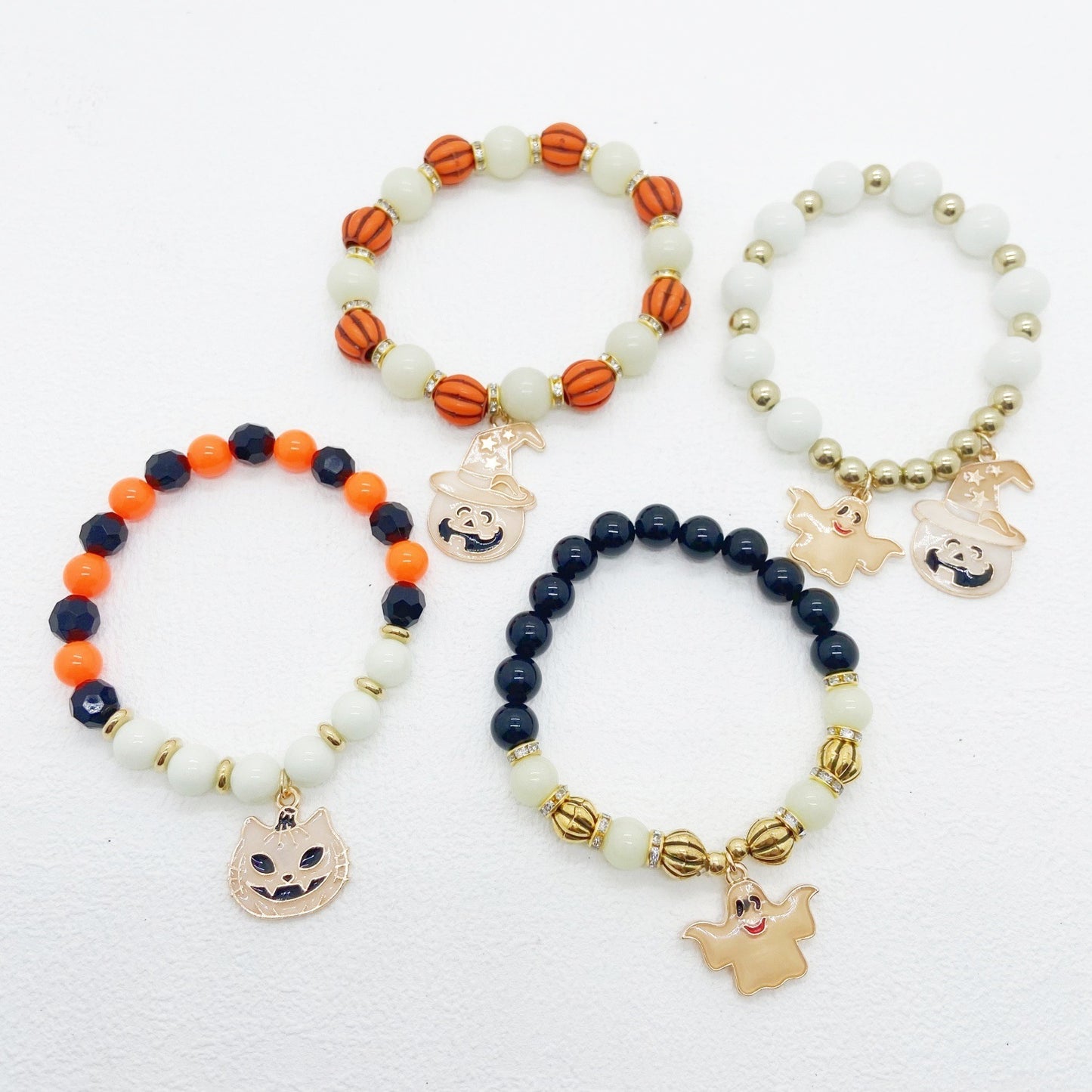 Halloween Vintage Gothic Charm Bracelet – Pumpkin, Witch Hat, and Kitten with Natural Stone Beads for Women’s Party Wear