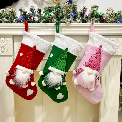 Festive Christmas Gnome Stocking with Sequins – Whimsical Holiday Charm