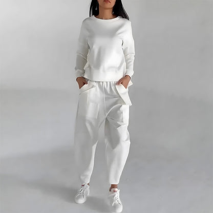 Solid Color Fashion Sweatshirt & Loose Trousers Set – Women's Long Sleeve Back Slit Top with Pockets