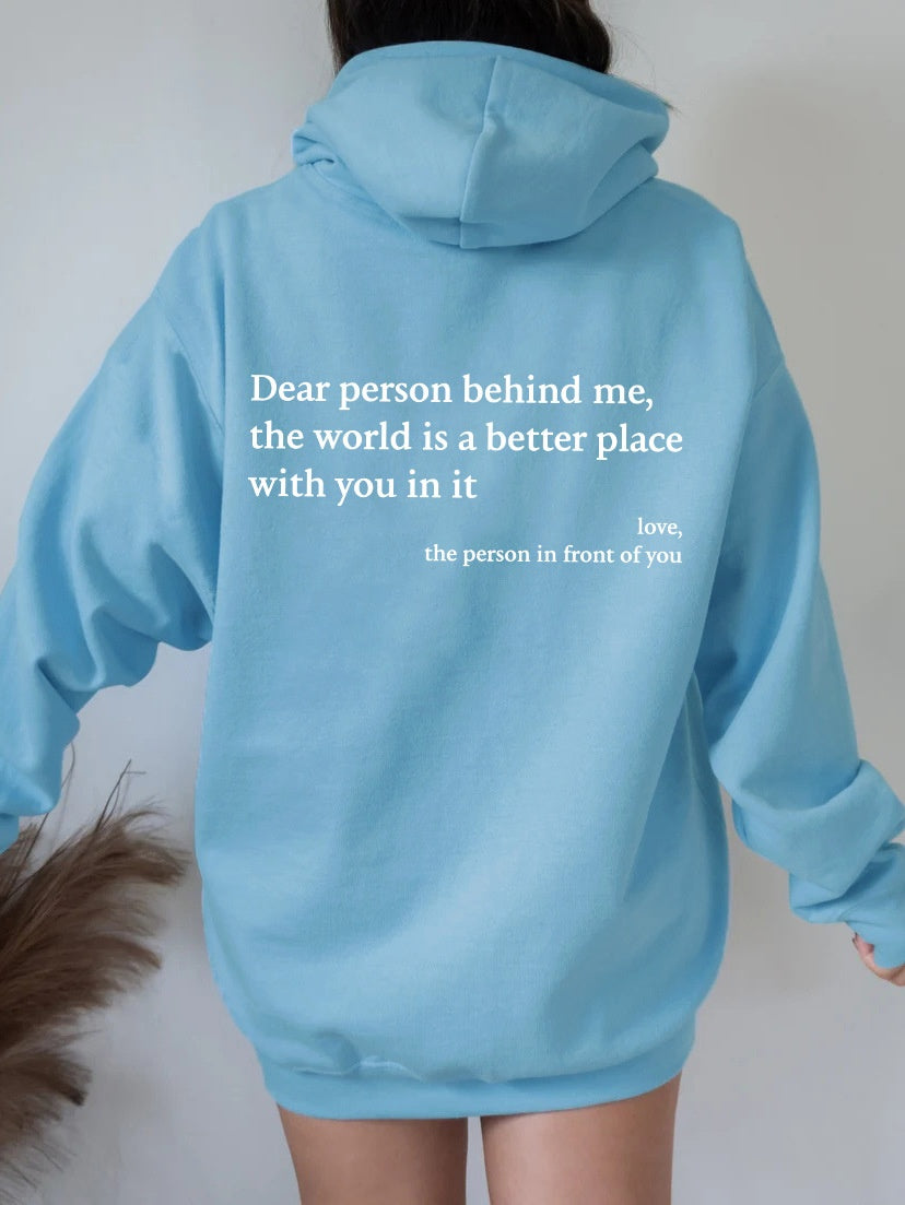 "Dear Person Behind Me" Letter Printed Plush Hoodie | Trendy Unisex Kangaroo Pocket Hoodie