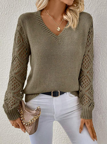 Elegant V-Neck Pullover Sweater – Hollow Long Sleeve Fashion Top for Women