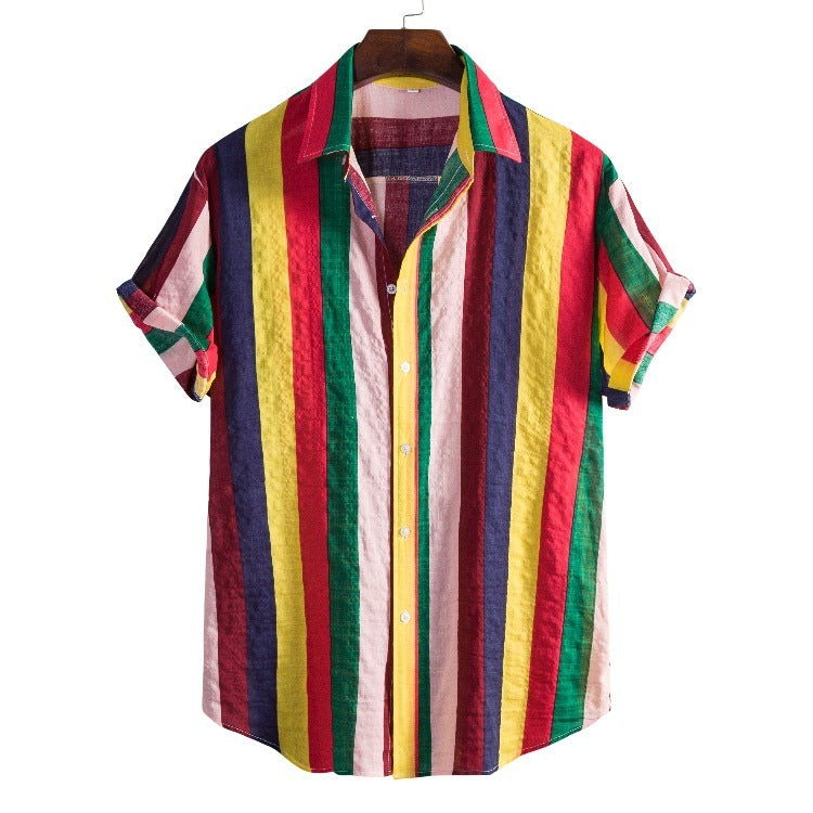 Men’s Casual Loose-Fit Striped Short Sleeve Shirt