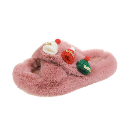 Christmas Fluffy Slippers for Women – Cozy Holiday-Themed Indoor Slippers with Cute Hat Charms