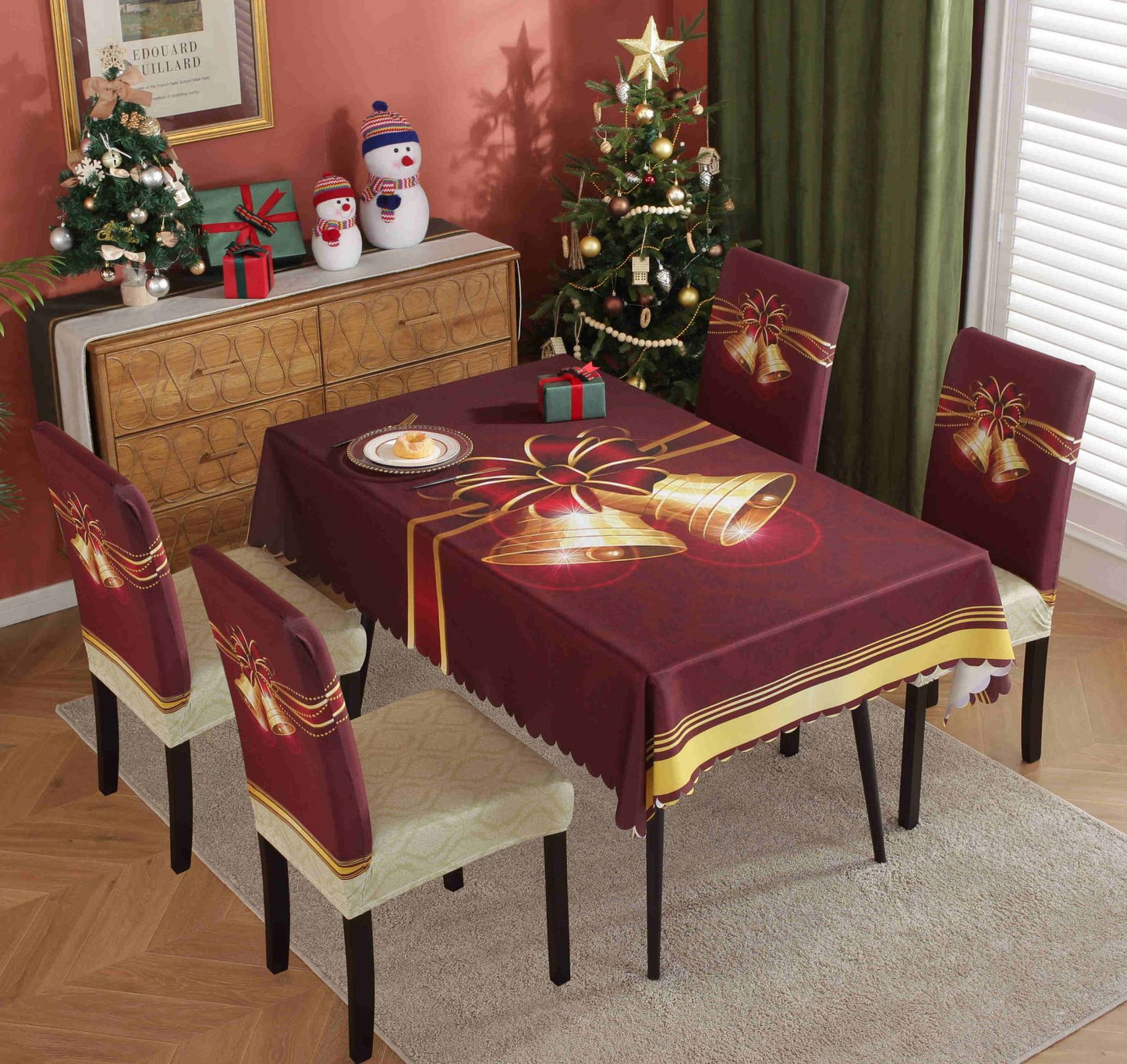 Festive Waterproof & Oil-Proof Christmas Tablecloth Set – Elegant Holiday Dining Decor with Chair Covers