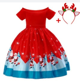 Children's Christmas Dress with Santa Print - Festive Holiday Mid-Length Skirt with Reindeer Headband