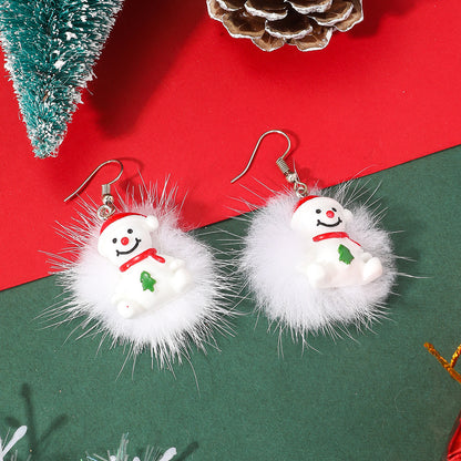 Winter Snowflake Hair Ball Earrings - Cute Christmas Santa & Snowman Designs