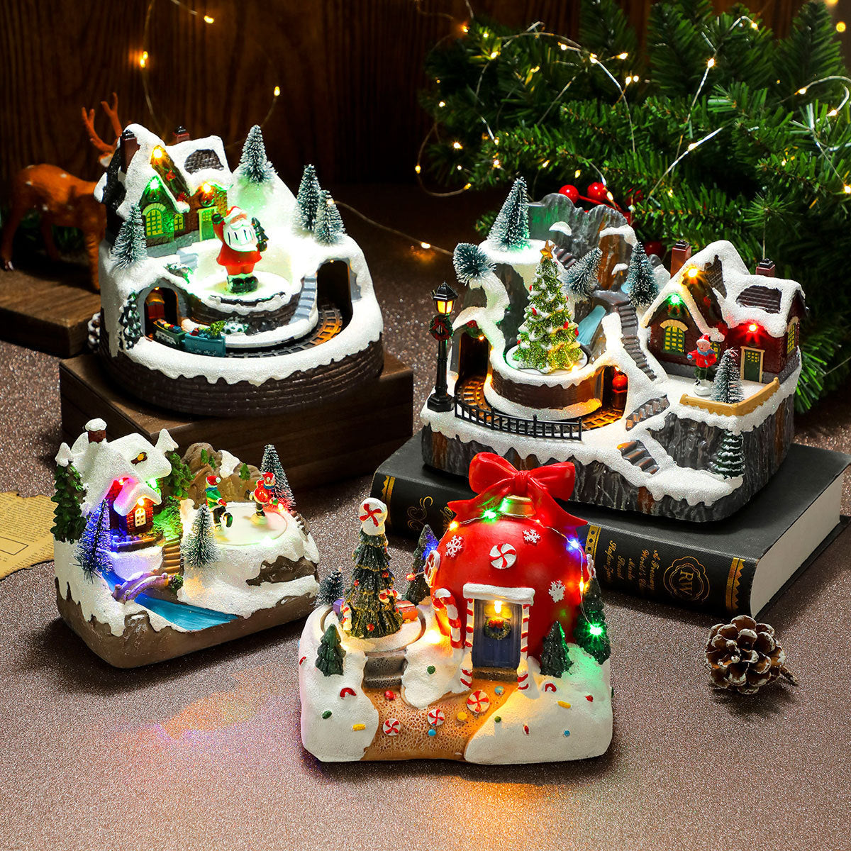 Rotating Christmas Village Music Box – LED Lit Resin Ornament with Santa & Snowy Scene