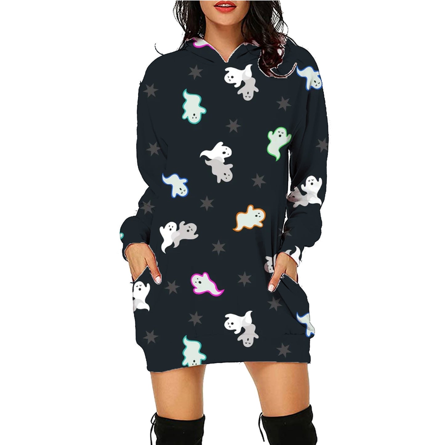 Halloween Print Long Hoodie with Pockets | Cozy Women's Sweater for Spooky Season