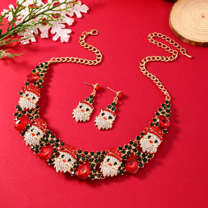 Festive Santa Claus Rhinestone Jewelry Set - Christmas Necklace and Earrings for Holiday Glam