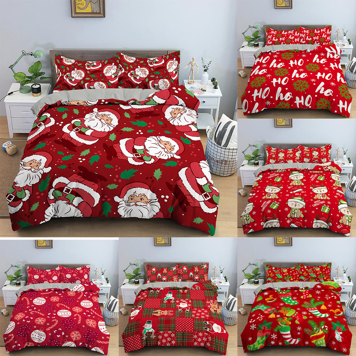 Festive Red Santa Claus Bedspread Set - Cozy Three-Piece Christmas Bedding