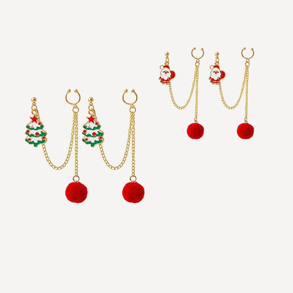 Festive Santa & Christmas Tree Chain Clip Earrings – Holiday Charm for Every Look