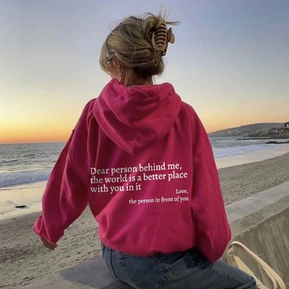 "Dear Person Behind Me" Letter Printed Plush Hoodie | Trendy Unisex Kangaroo Pocket Hoodie