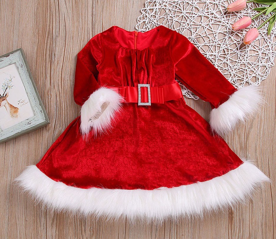 Girls’ Velvet Santa Christmas Dress - Adorable Red & White Holiday Princess Dress