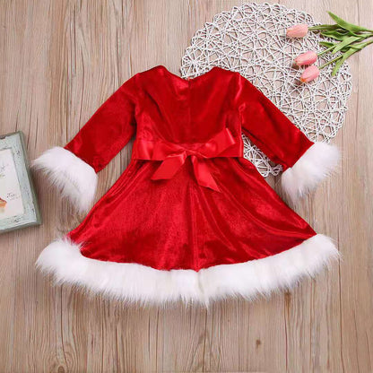 Girls’ Velvet Santa Christmas Dress - Adorable Red & White Holiday Princess Dress